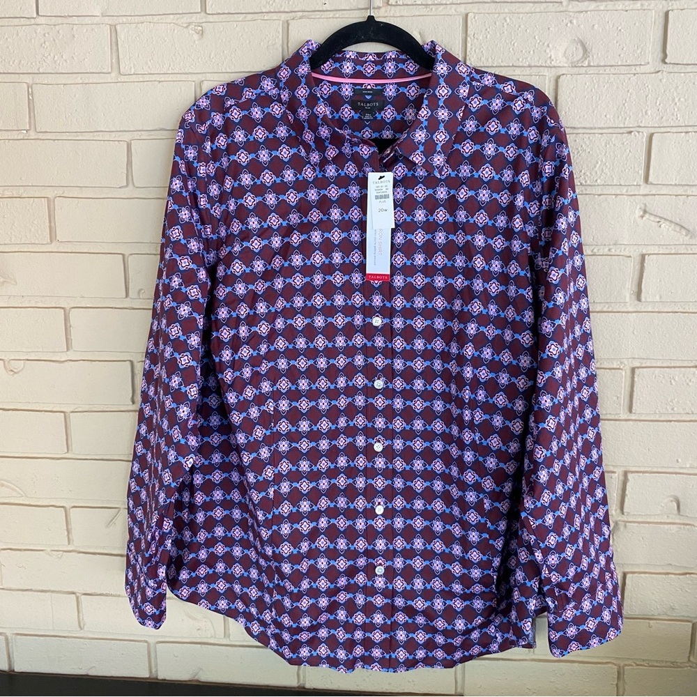 Talbots Sz 20W Casual Career Maroon Button Non-Iron Shirt Plus Crisp Classic NEW